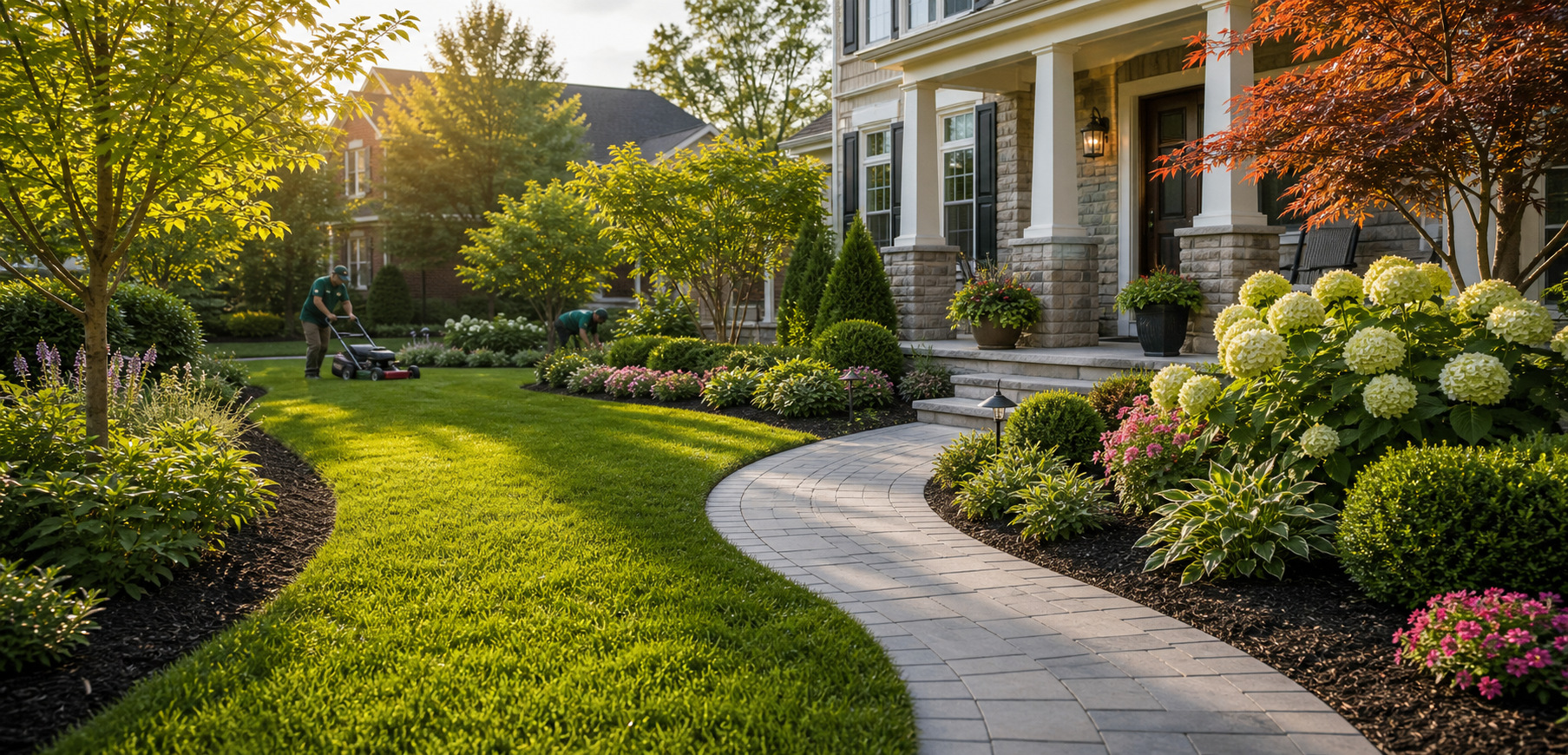 Landscaping service crew working at a residential property