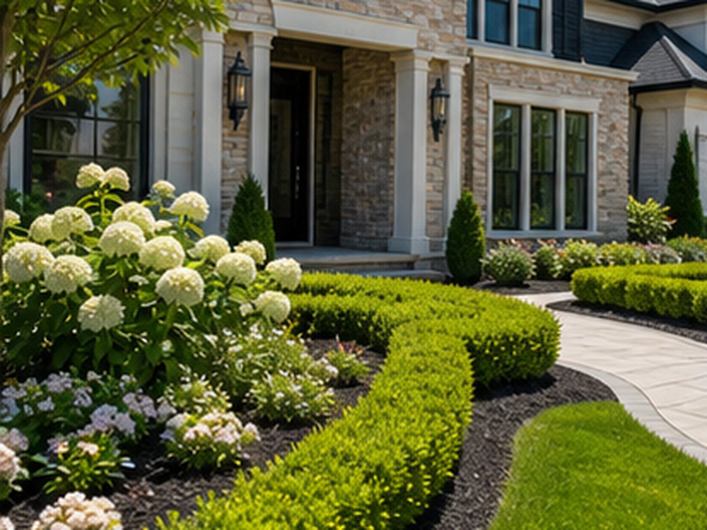 Landscaping service crew working at a residential property