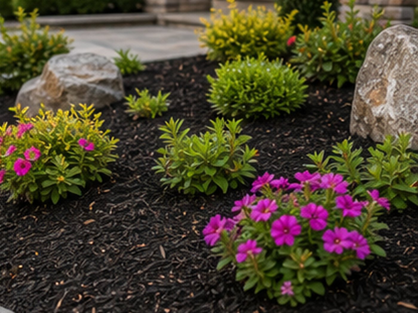New landscape bed installation with plants and mulch