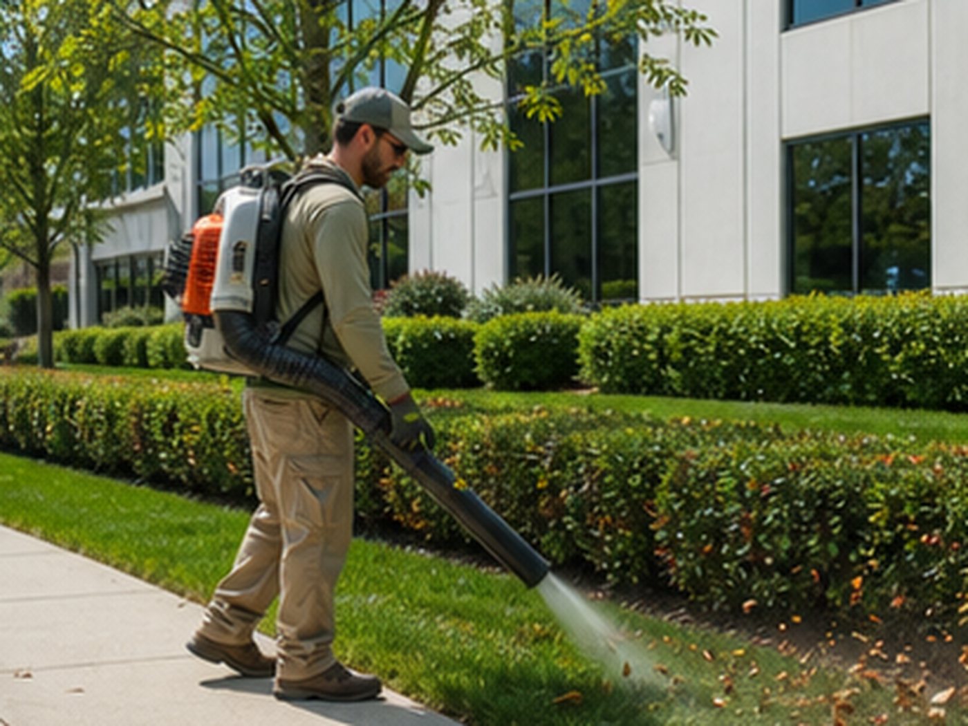 Crew cleaning leaves and landscape yard waste from a yard