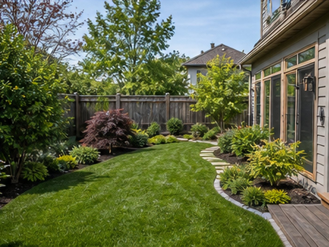 New landscape bed installation with plants and mulch