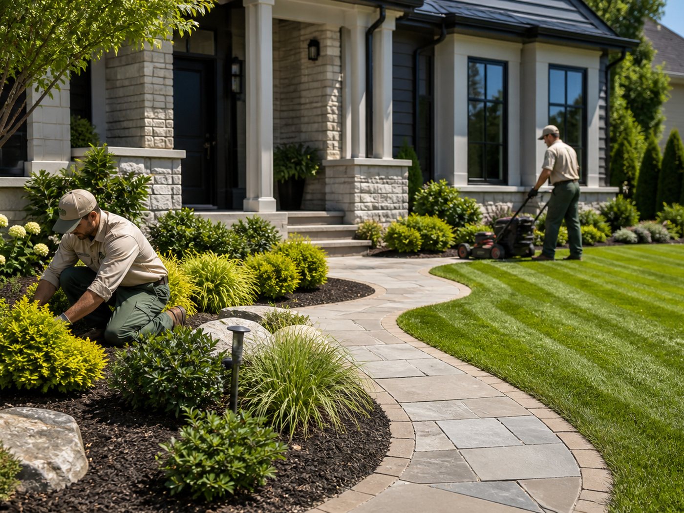 Landscape worker elevated for maintenance work